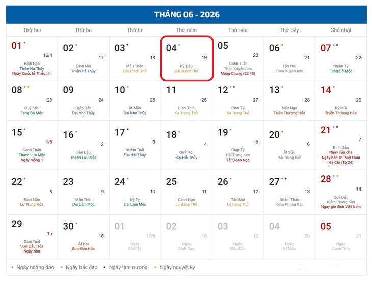 Âm lịch hôm nay 4/6 - Lịch âm 4/6 - Lịch vạn niên ngày 4/6/2026- Ảnh 1. Âm lịch hôm nay 4/6 - Lịch âm 4/6 - Lịch vạn niên ngày 4/6/2026- Ảnh 1.