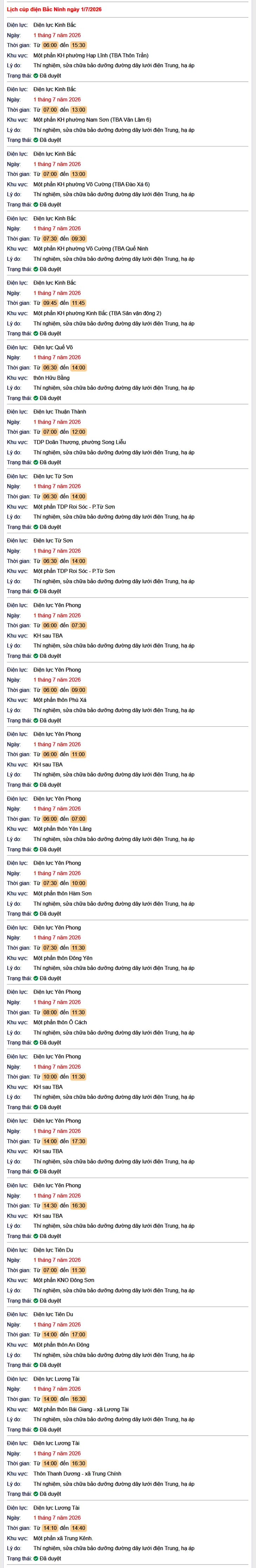 Tra cứu lịch cắt điện Bắc Ninh hôm nay Thứ 4 ngày 1/7/2026- Ảnh 1.