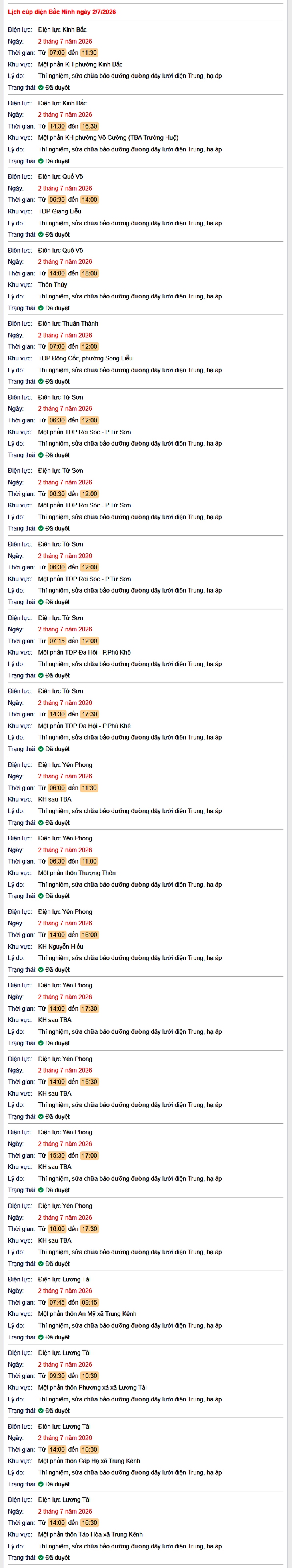 Tra cứu lịch cắt điện Bắc Ninh hôm nay Thứ 5 ngày 2/7/2026 - Ảnh 1.