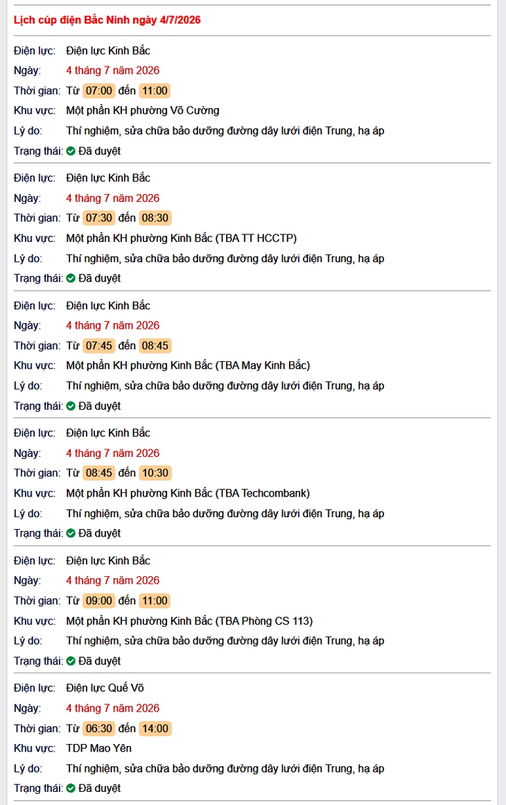 Tra cứu lịch cắt điện Bắc Ninh hôm nay Thứ 7 ngày 4/7/2026- Ảnh 1.