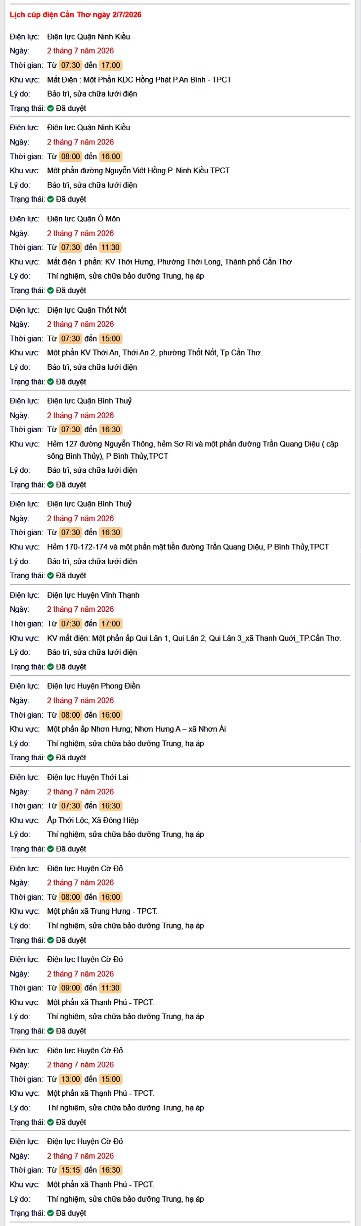 Tra cứu lịch cúp điện Cần Thơ hôm nay Thứ 5 ngày 2/7/2026 - Ảnh 1.
