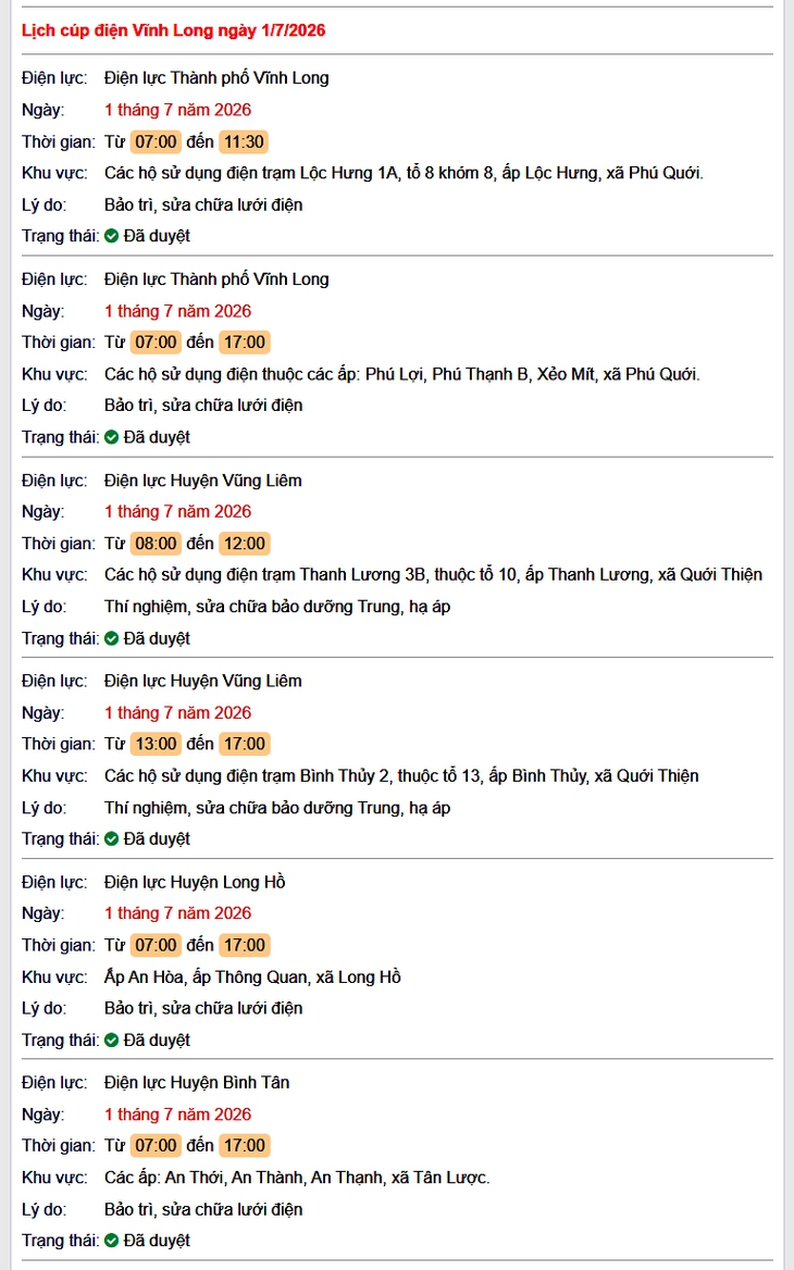 Tra cứu lịch cúp điện Vĩnh Long hôm nay Thứ 4 ngày 1/7/2026- Ảnh 1.