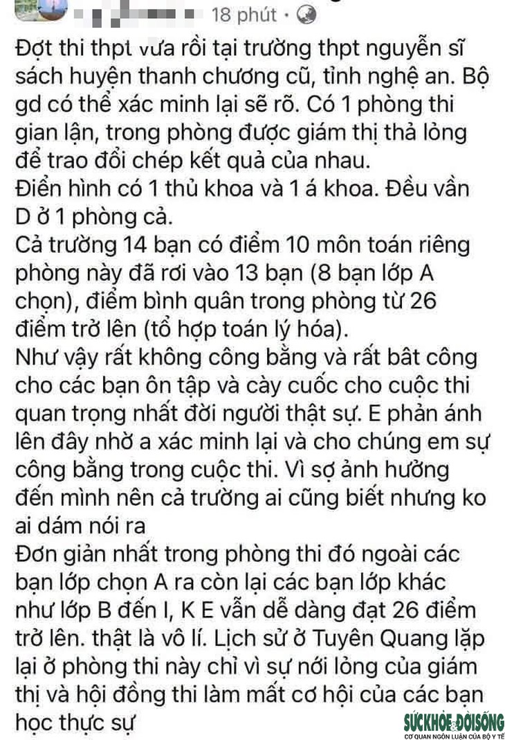Phản ánh một phòng thi có 13 điểm 10 môn Toán, Sở GD&ĐT Nghệ An vào cuộc xác minh- Ảnh 1.