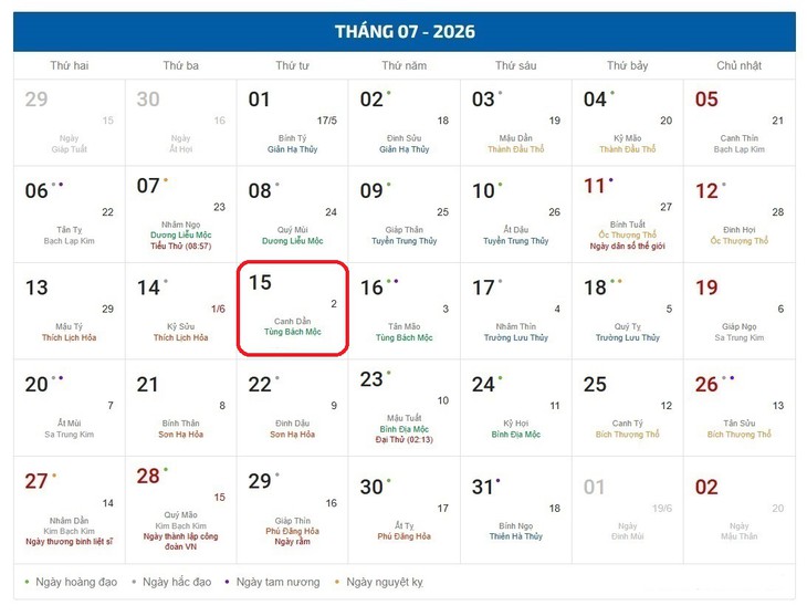 Âm lịch hôm nay 15/7 - Lịch âm 15/7 - Lịch vạn niên ngày 15/7/2026 - Ảnh 1.