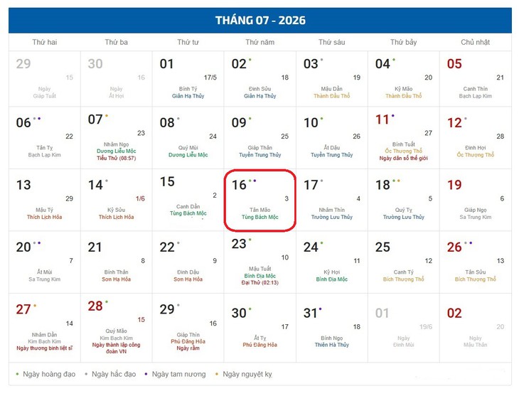 Âm lịch hôm nay 16/7 - Lịch âm 16/7 - Lịch vạn niên ngày 16/7/2026 - Ảnh 1.