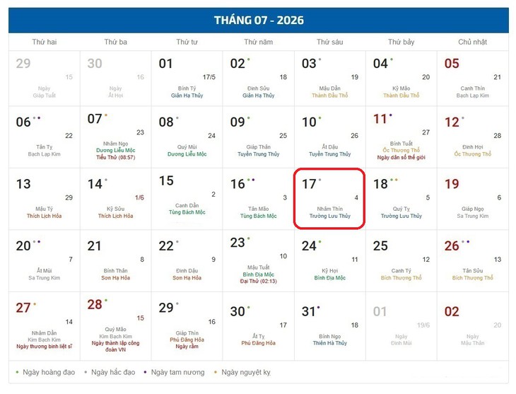 Âm lịch hôm nay 17/7 - Lịch âm 17/7 - Lịch vạn niên ngày 17/7/2026 - Ảnh 1.