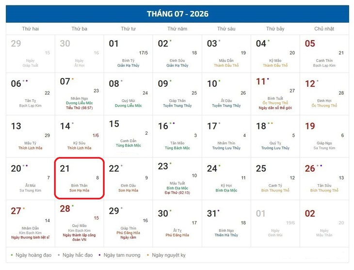 Âm lịch hôm nay 21/7 - Lịch âm 21/7 - Lịch vạn niên ngày 21/7/2026 - Ảnh 1.