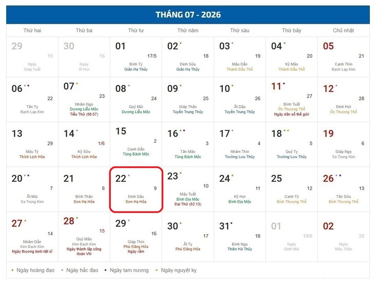 Âm lịch hôm nay 22/7 - Lịch âm 22/7 - Lịch vạn niên ngày 22/7/2026 - Ảnh 1.