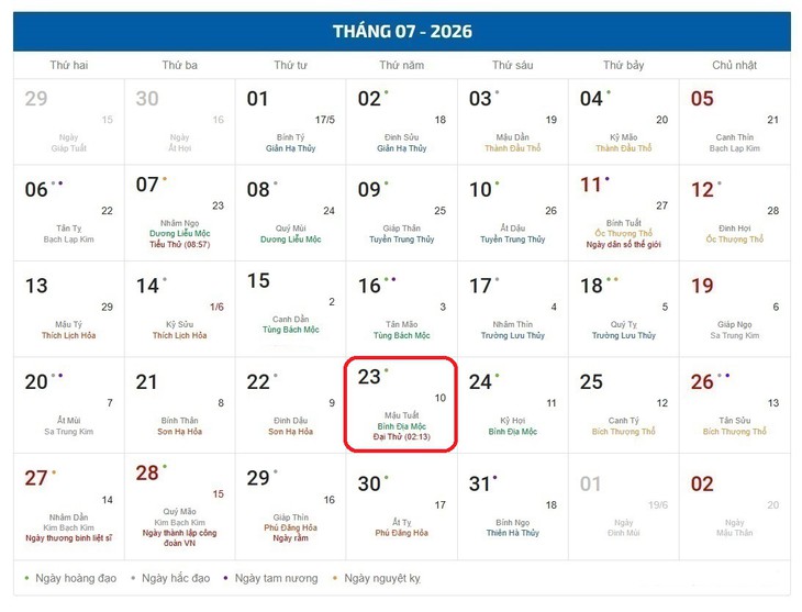 Âm lịch hôm nay 23/7 - Lịch âm 23/7 - Lịch vạn niên ngày 23/7/2026- Ảnh 1.
