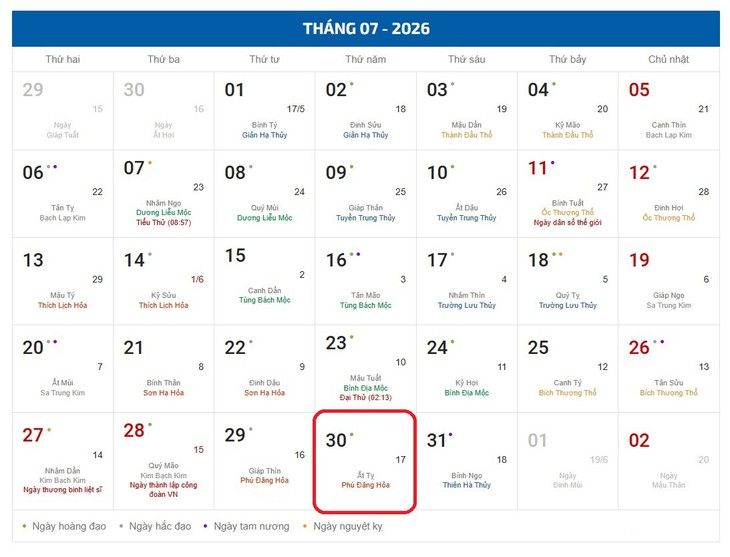 Âm lịch hôm nay 30/7 - Lịch âm 30/7 - Lịch vạn niên ngày 30/7/2026 - Ảnh 1.