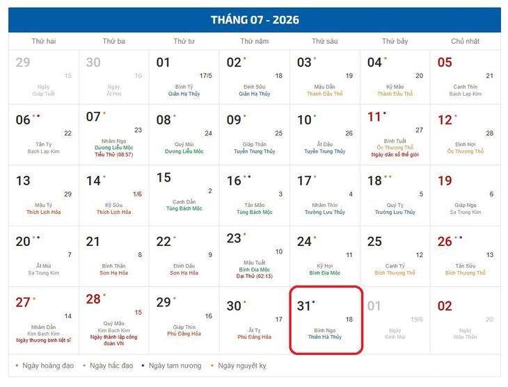 Âm lịch hôm nay 31/7 - Lịch âm 31/7 - Lịch vạn niên ngày 31/7/2026- Ảnh 1.