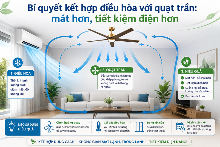 Kết hợp điều hòa và quạt trần thế nào để vừa mát vừa tiết kiệm điện?- Ảnh 2.