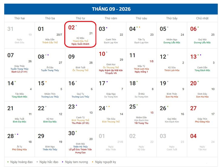 Âm lịch hôm nay 2/9 - Lịch âm 2/9 - Lịch vạn niên ngày 2/9/2026- Ảnh 1.