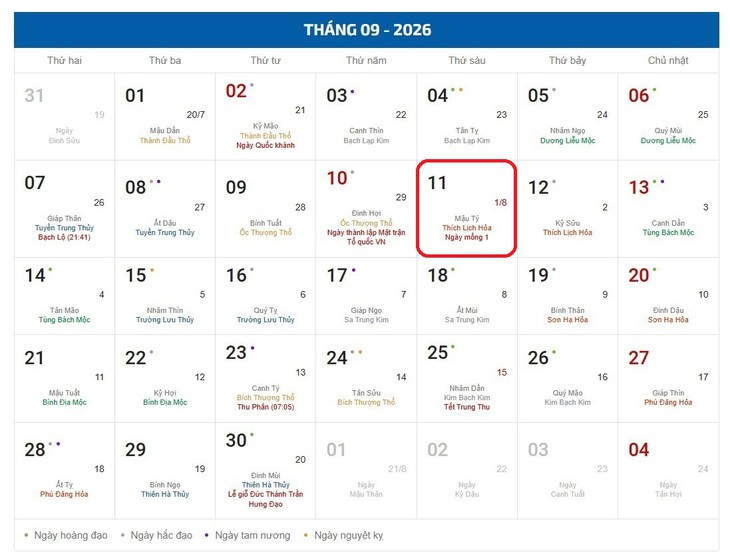 Âm lịch hôm nay 11/9 - Lịch âm 11/9 - Lịch vạn niên ngày 11/9/2026- Ảnh 1.