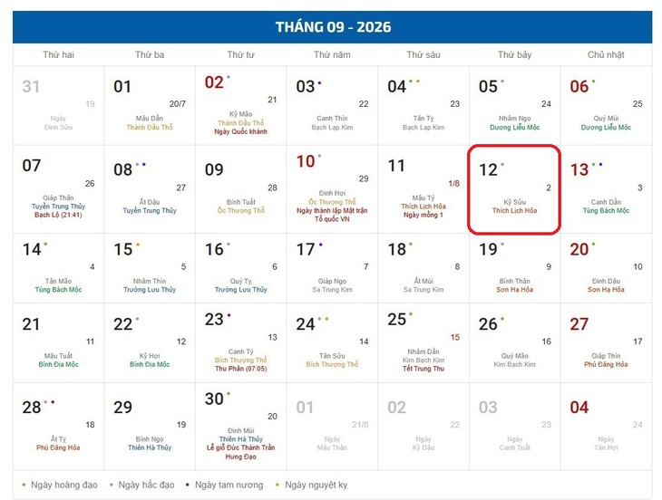 Âm lịch hôm nay 12/9 - Lịch âm 12/9 - Lịch vạn niên ngày 12/9/2026- Ảnh 1.