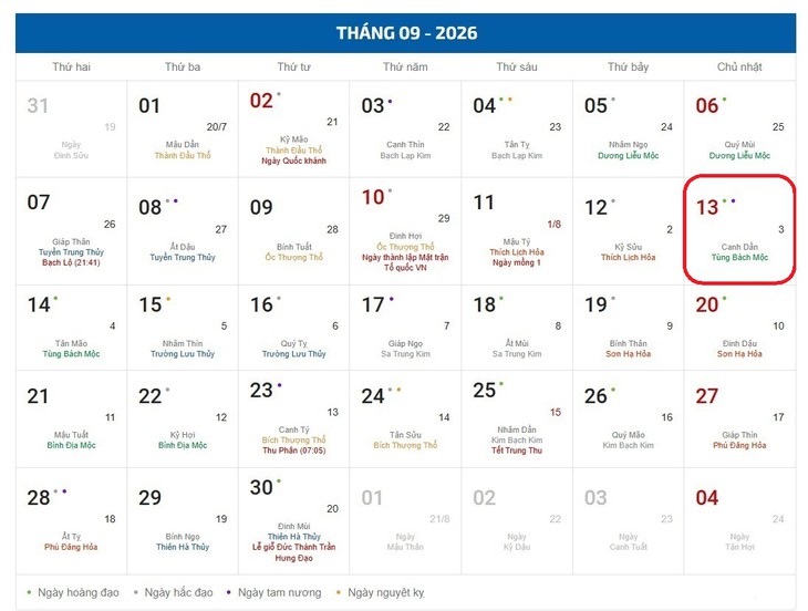 Âm lịch hôm nay 13/9 - Lịch âm 13/9 - Lịch vạn niên ngày 13/9/2026 - Ảnh 1.