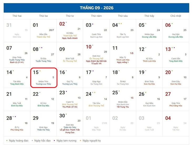 Âm lịch hôm nay 15/9 - Lịch âm 15/9 - Lịch vạn niên ngày 15/9/2026 - Ảnh 1.