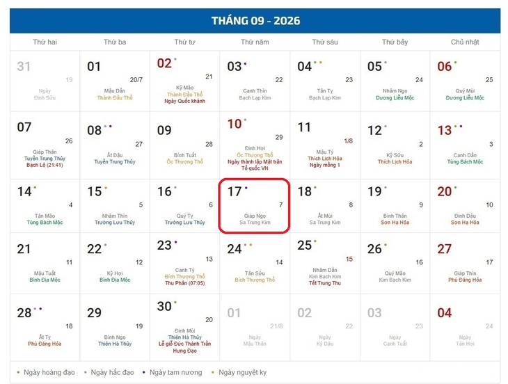 Âm lịch hôm nay 17/9 - Lịch âm 17/9 - Lịch vạn niên ngày 17/9/2026 - Ảnh 1.