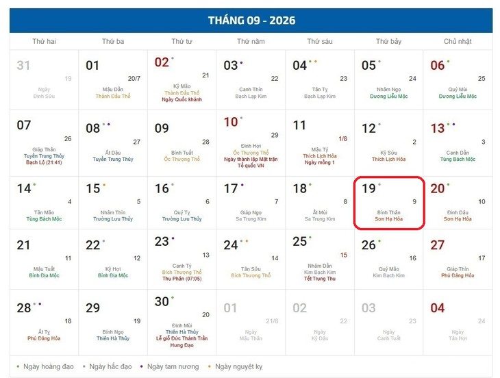 Âm lịch hôm nay 19/9 - Lịch âm 19/9 - Lịch vạn niên ngày 19/9/2026 - Ảnh 1.