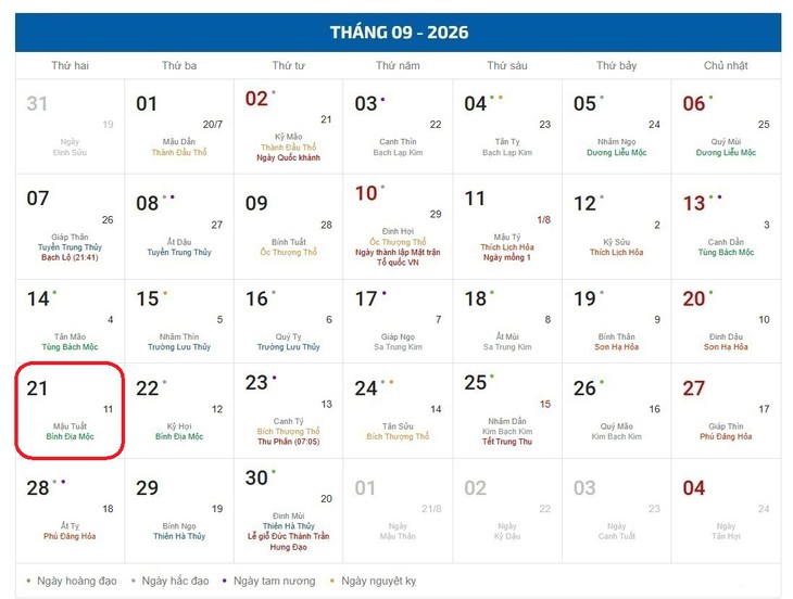 Âm lịch hôm nay 20/9 - Lịch âm 20/9 - Lịch vạn niên ngày 20/9/2026 - Ảnh 1.