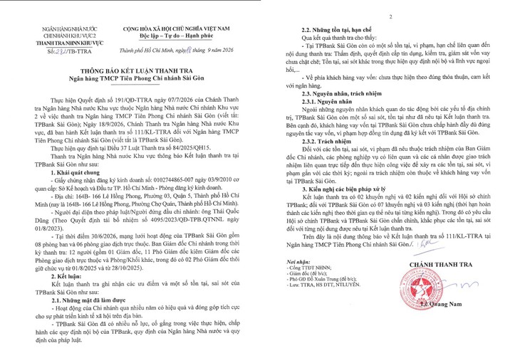 Thanh tra yêu cầu Hội sở chính TPBank khắc phục sai sót tại chi nhánh Sài Gòn- Ảnh 2.