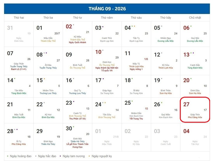 Âm lịch hôm nay 27/9 - Lịch âm 27/9 - Lịch vạn niên ngày 27/9/2026 - Ảnh 1.