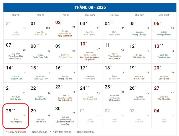 Âm lịch hôm nay 28/9 - Lịch âm 28/9 - Lịch vạn niên ngày 28/9/2026- Ảnh 1.