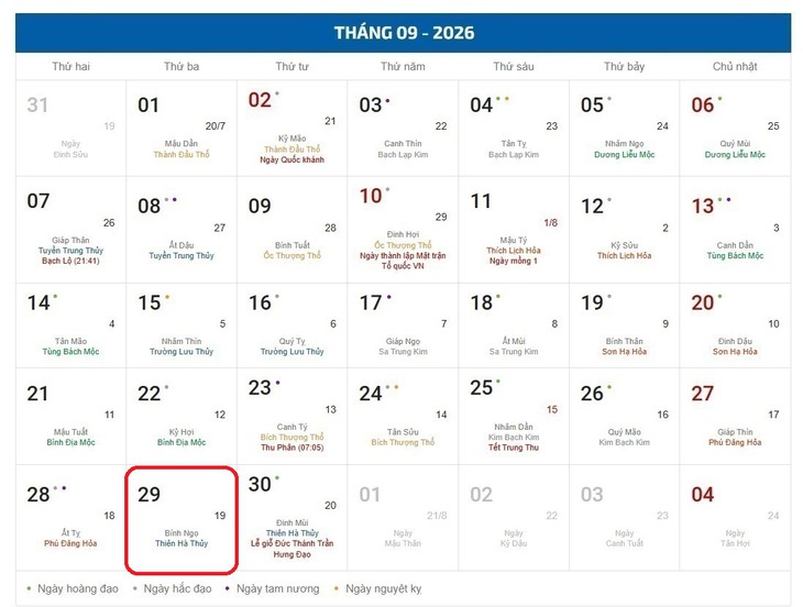 Âm lịch hôm nay 29/9 - Lịch âm 29/9 - Lịch vạn niên ngày 29/9/2026 - Ảnh 1.