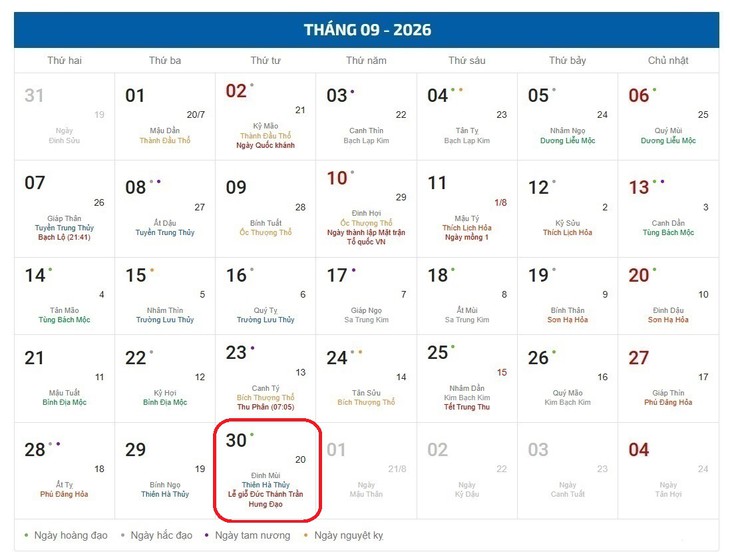 Âm lịch hôm nay 30/9 - Lịch âm 30/9 - Lịch vạn niên ngày 30/9/2026- Ảnh 1.