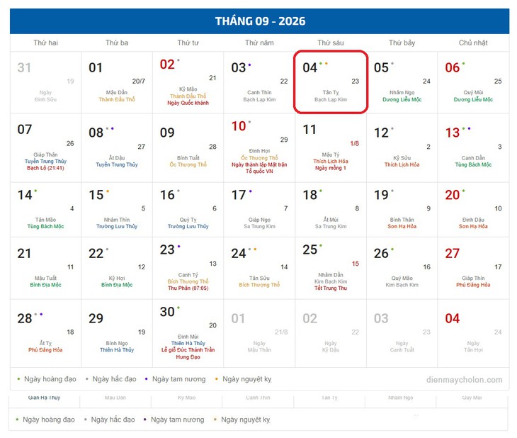 Âm lịch hôm nay 4/9 - Lịch âm 4/9 - Lịch vạn niên ngày 4/9/2026 - Ảnh 1.