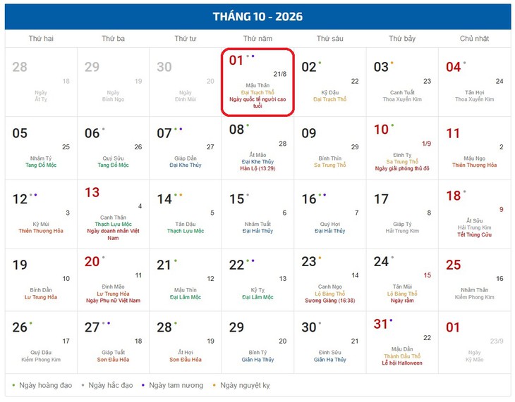 Âm lịch hôm nay 1/10 - Lịch âm 1/10 - Lịch vạn niên ngày 1/10/2026- Ảnh 1.
