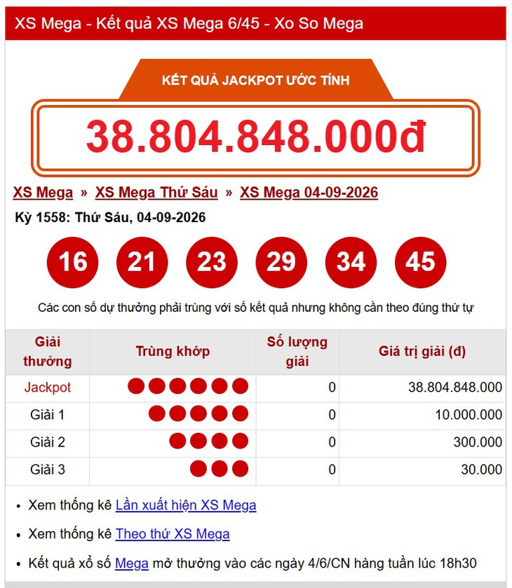 Kết quả xổ số Vietlott hôm nay 4/9 - Vietlott 4/9 - Xổ số Mega 6/45 ngày 4/9 - Ảnh 1.