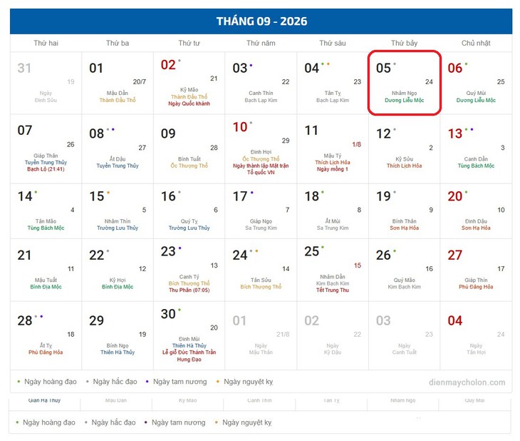 Âm lịch hôm nay 5/9 - Lịch âm 5/9 - Lịch vạn niên ngày 5/9/2026- Ảnh 1.
