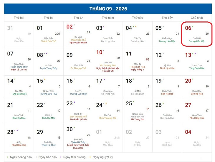 Âm lịch hôm nay 6/9 - Lịch âm 6/9 - Lịch vạn niên ngày 6/9/2026- Ảnh 1.