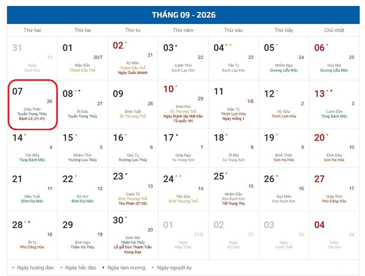 Âm lịch hôm nay 7/9 - Lịch âm 7/9 - Lịch vạn niên ngày 7/9/2026- Ảnh 1.