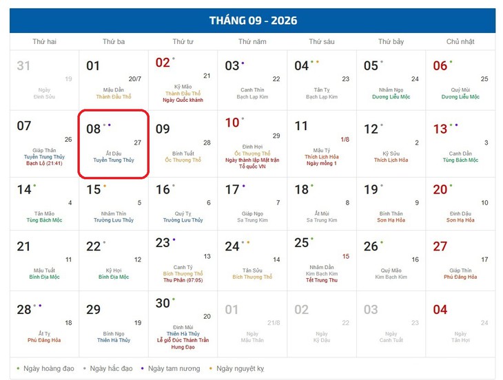 Âm lịch hôm nay 8/9 - Lịch âm 8/9 - Lịch vạn niên ngày 8/9/2026 - Ảnh 1.