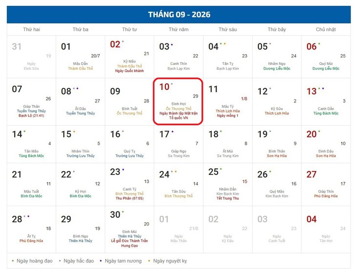 Âm lịch hôm nay 10/9 - Lịch âm 10/9 - Lịch vạn niên ngày 10/9/2026 - Ảnh 1.