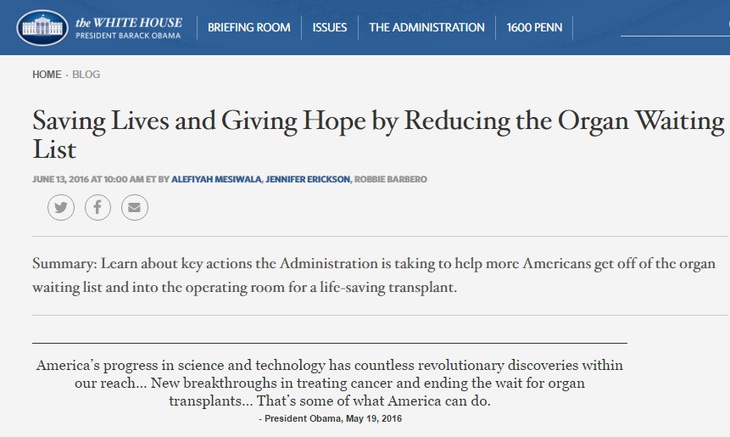Tổng thống Obama đã đề cao việc hiến tạng trên blog của Nhà Trắng