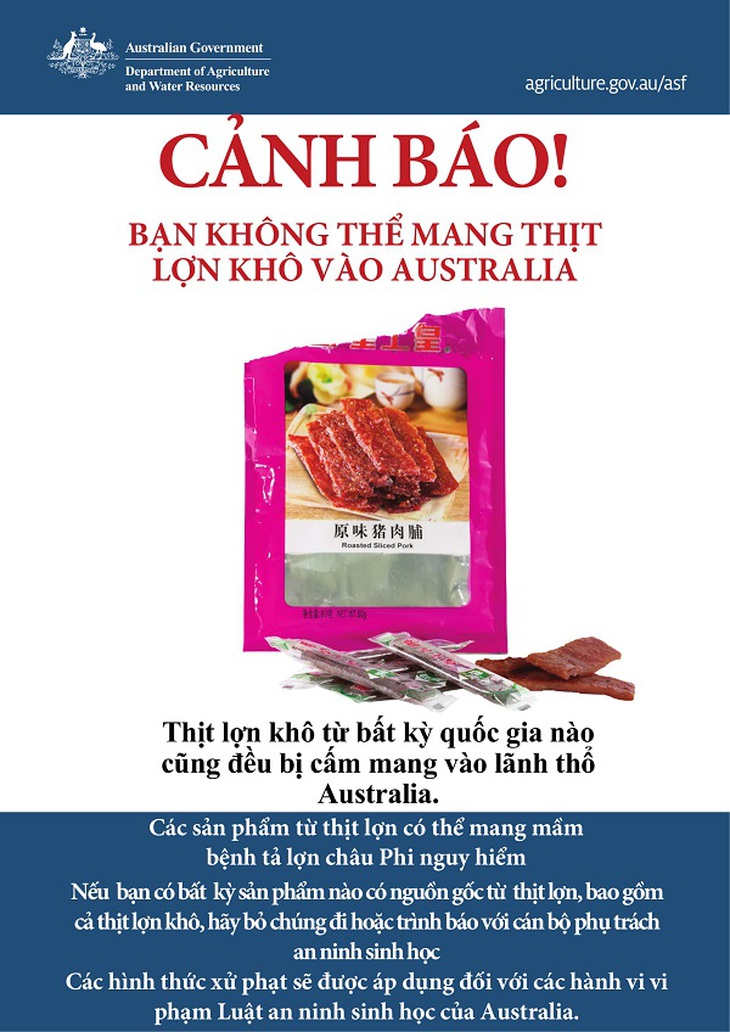 Thịt lợn khô từ bất kể quốc gia nào cũng bị cấm mang vào Australia