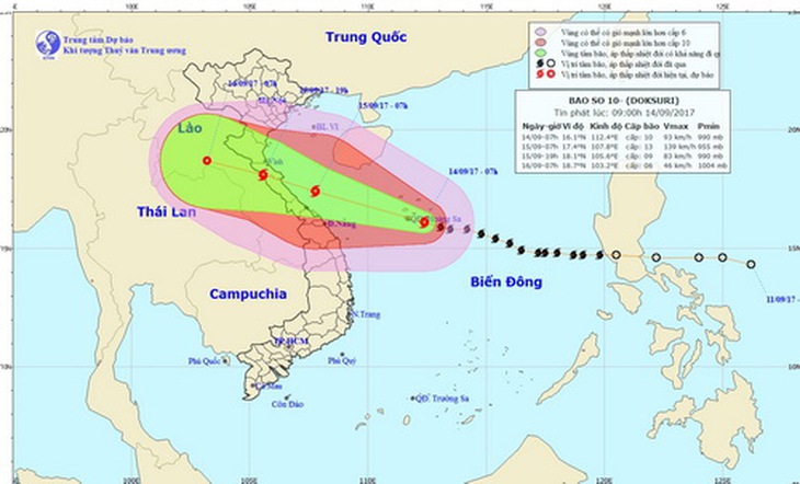 Dự báo đường đi của cơn bão số 10. (Nguồn: Trung tâm Dự báo khí tượng thủy văn trung ương)