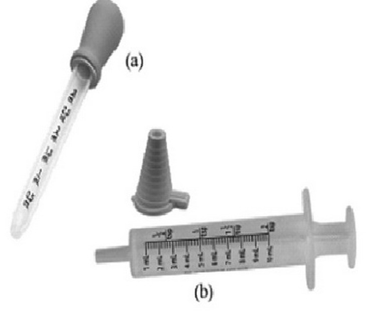 (a) ống nhỏ giọt, (b) bơm tiêm qua miệng.