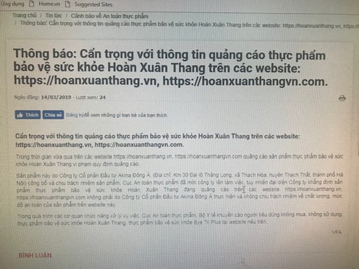 Thông báo cẩn trọng với thông tin quảng cáo thực phẩm bảo vệ sức khỏe.