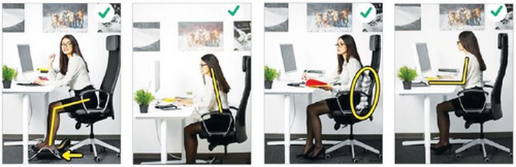 Các tư thế ngồi không gây hại mắt: Tư thế chân, tư thế co, tư thế lưng, tư thế tay.