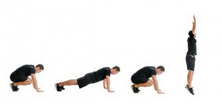 Chuỗi động tác burpees bao gồm chống đẩy, ngồi xổm, bật nhảy.