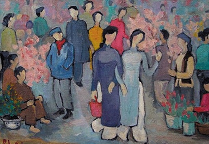 “Chợ hoa Tết” - tranh của danh họa Bùi Xuân Phái.
