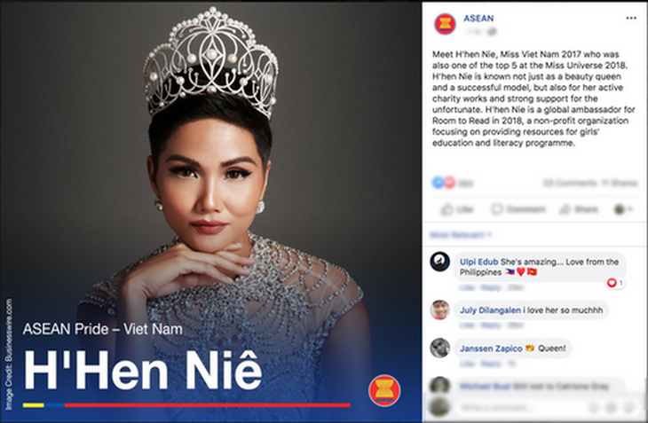 Hình ảnh và thông tin của H’Hen Niê trên trang chính thức của Tổ chức ASEAN gần đây kèm theo danh hiệu “ASEAN Pride”.