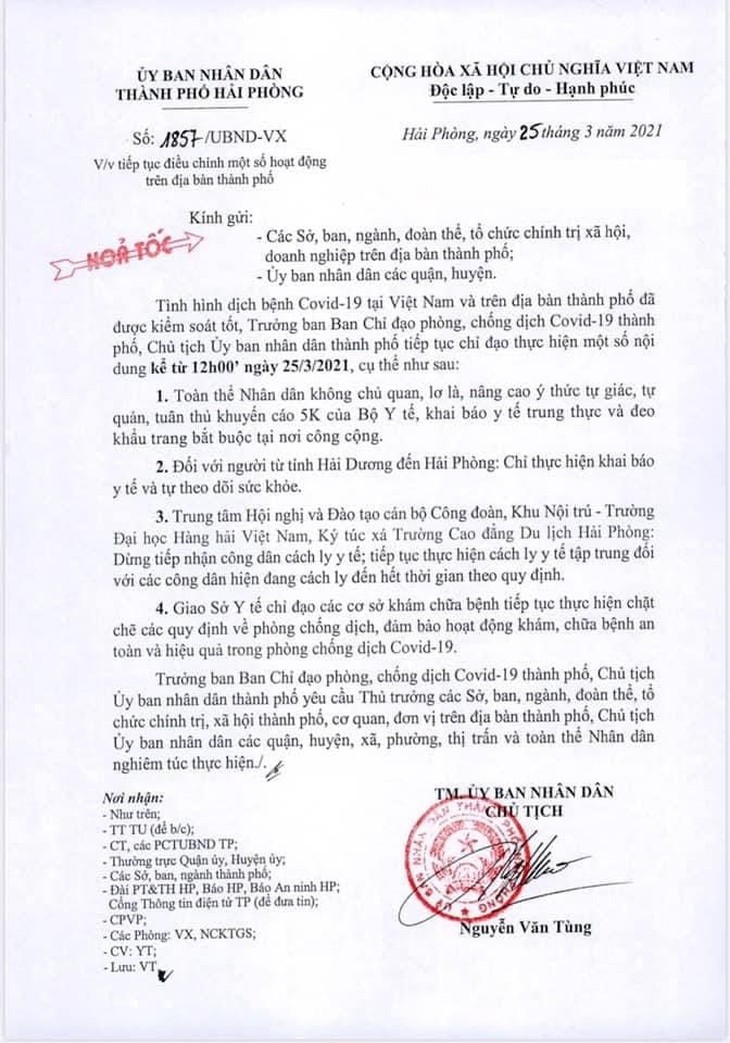 SKĐS - Kể từ 12h00 ngày 25/3/2021, người từ Hải Dương đến Hải Phòng không phải cách ly y tế.