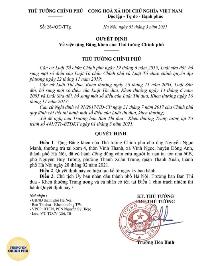 Tặng Bằng khen của Thủ tướng Chính phủ cho 'người hùng' Nguyễn Ngọc Mạnh