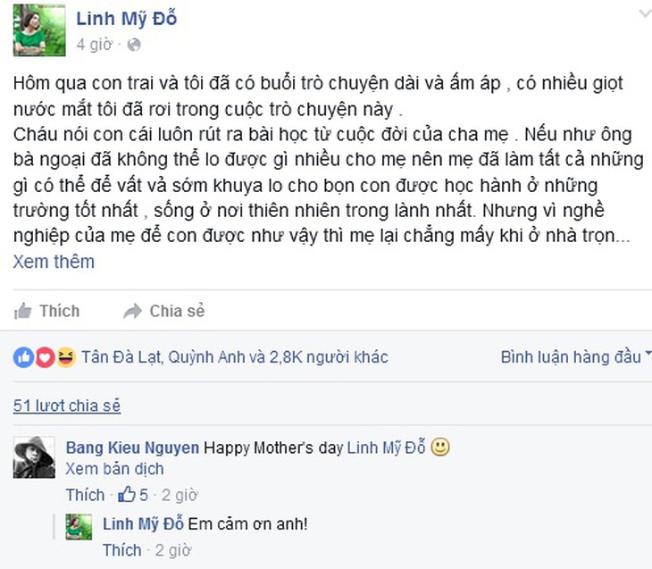 Sao Viet chia se cam xuc nhan dip ngay cua me hinh anh 1
