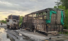 Xe tải và container bốc cháy sau khi đấu đầu, 2 người thương vong